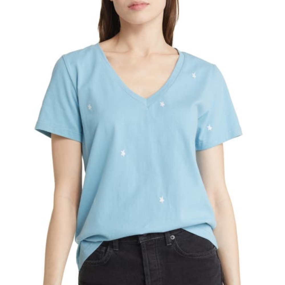 RAILS The Cara Embroidered Stars V-neck Cotton T-shirt In Aqua Blue Size Small